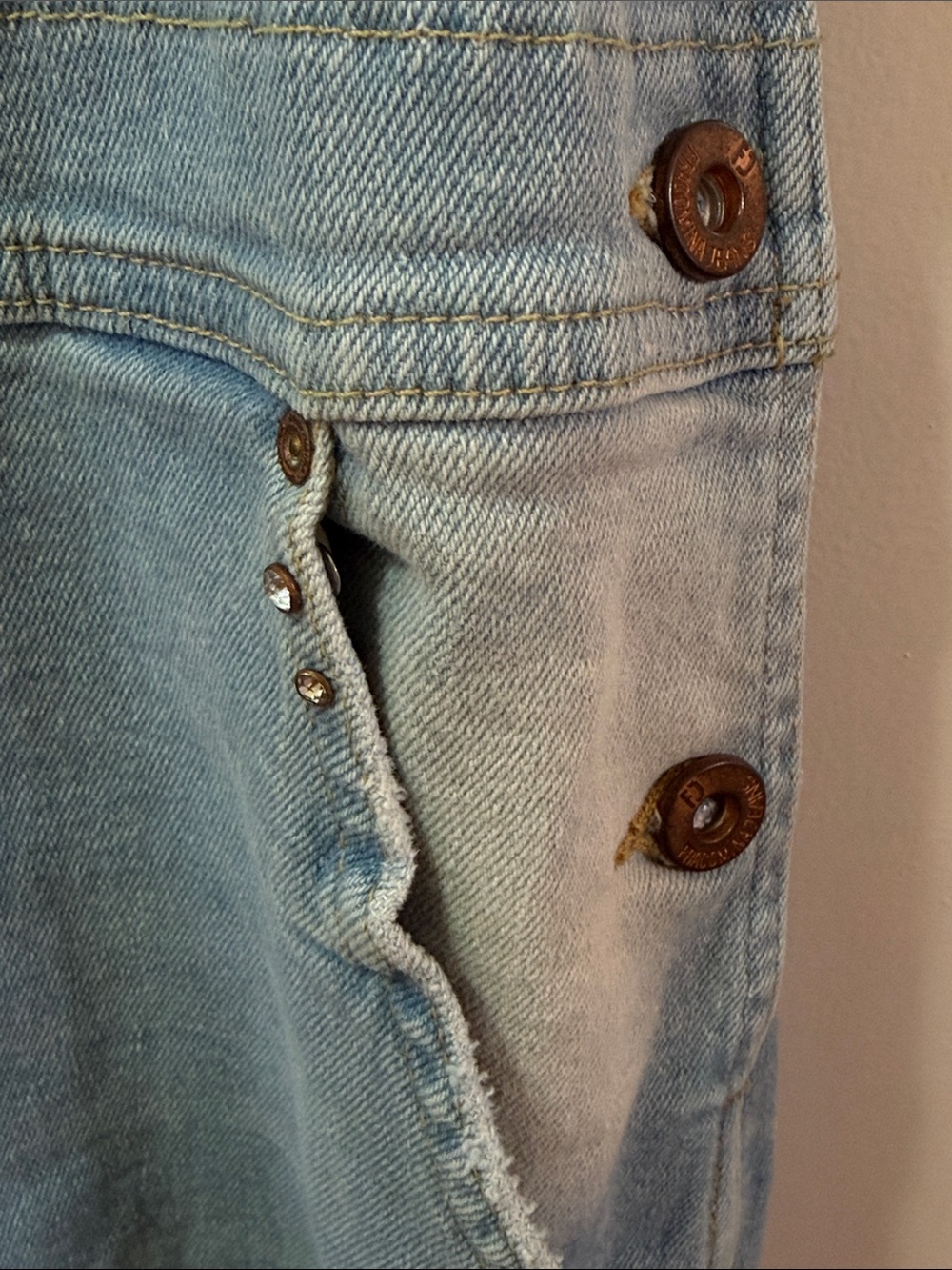 Fracomina Light Wash Distressed Denim Overalls with Heavy Rip & Rhinestones - Picture 11 of 14